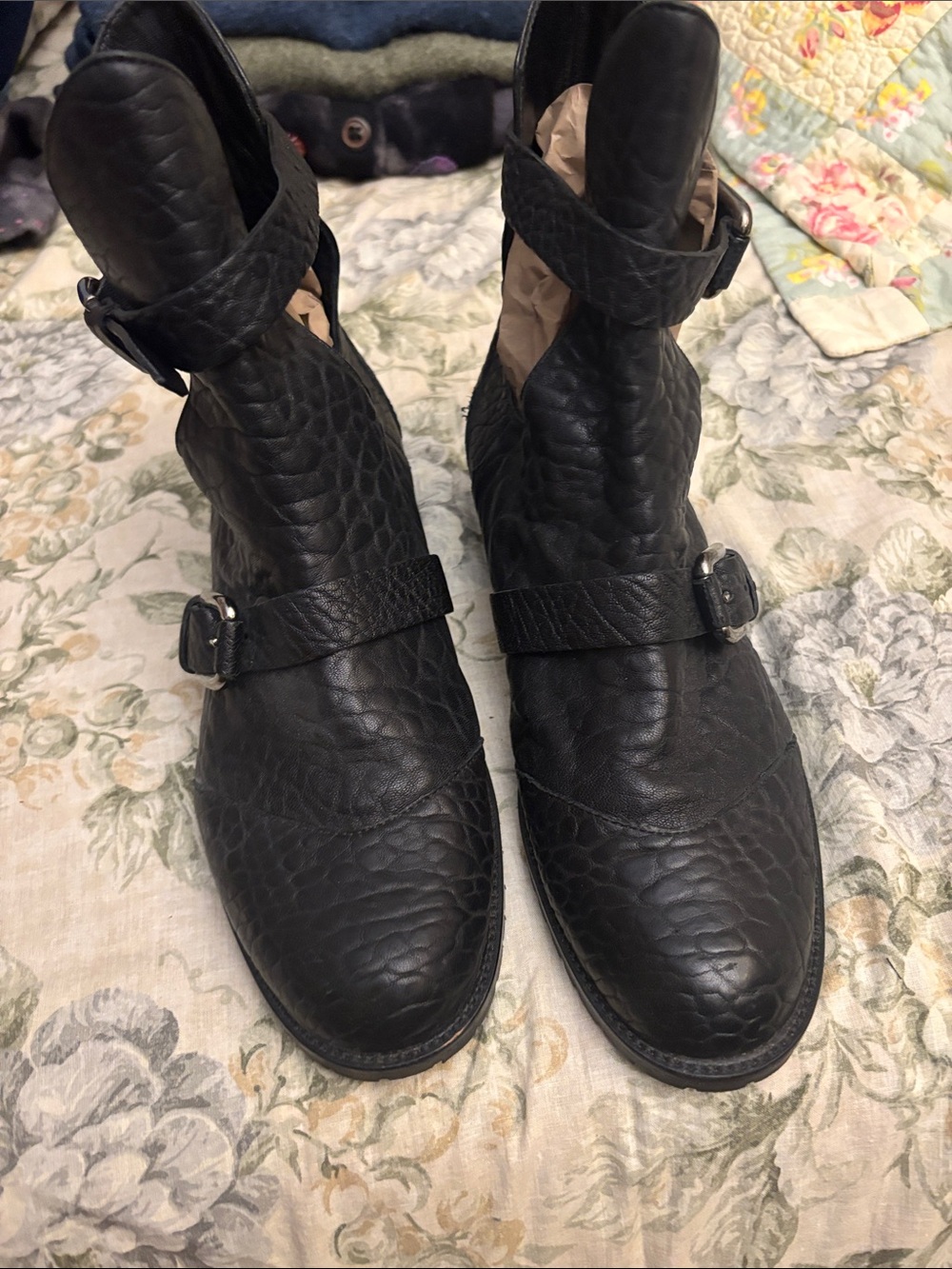 Philosophy Black Textured Leather Buckle Ankle Boots